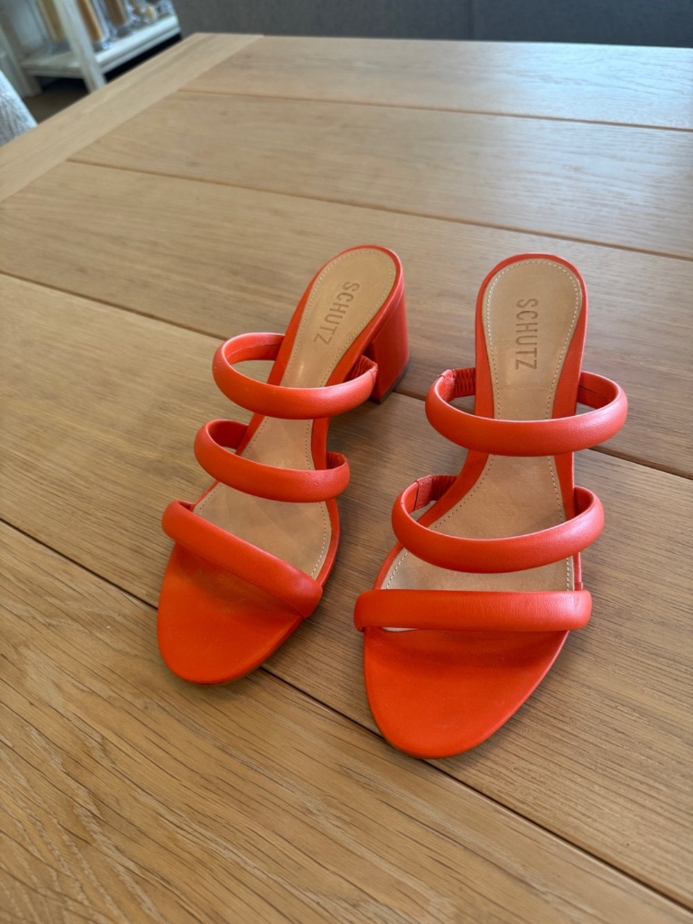 SCHUTZ Vibrant Orange Triple-Strap Block Heel Mules